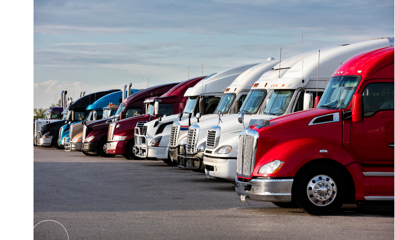 A heavy duty fleet in a line semi truck maintenance of colors blue, red and white