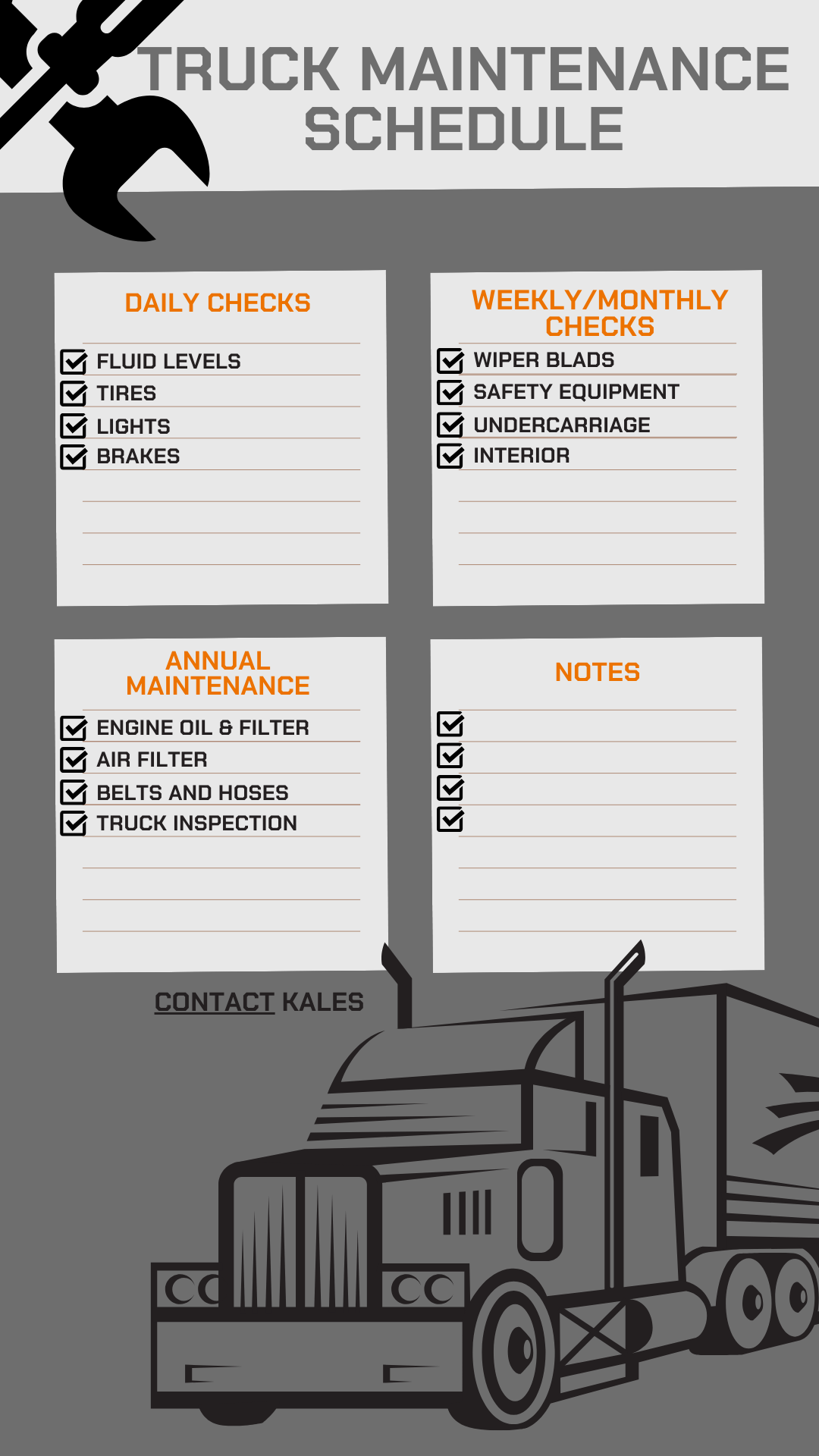 truck maintenance schedule graphic with 4 different sections to check off different maintenance items