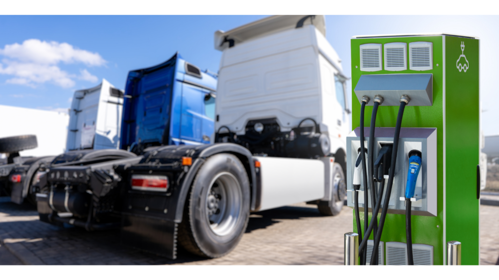 three electric trucks in a row waiting by the green charging station as a sustainable fleet management solution